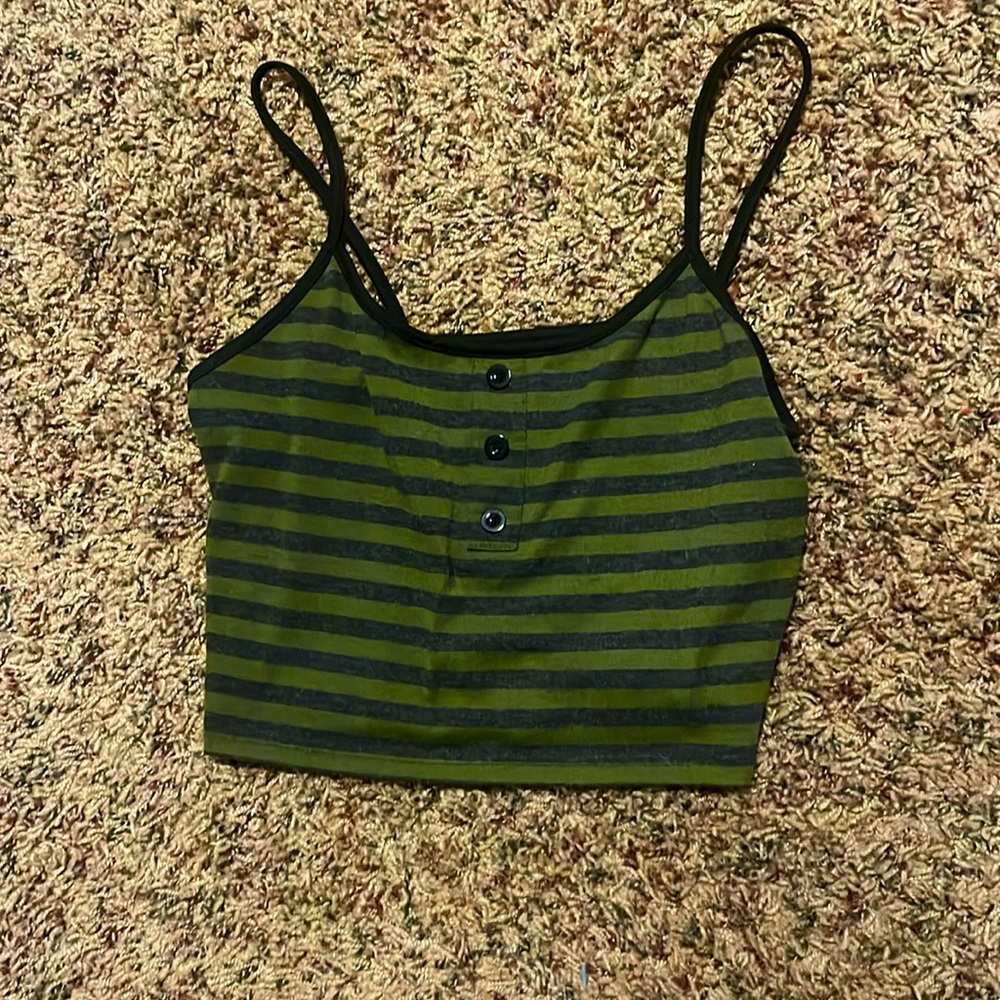 Tank/Cropped top, striped green and grey, faux button